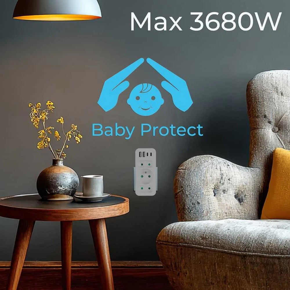 Srovės lizdai x3 + 4xUSB Maclean, skirstytuvas su 3 lizdais, 2xUSB A, 2xUSB C PD 20W, 1x16A + 2x6A, MCE248 F/W