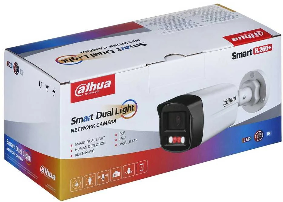 „Dahua Technology Co“ IP kamera, cilindras, 4MP, 1/2.9 colio, 2.8 mm, 94° F1.6, 25 kadrai per sekundę, IR+LED, 30 m, WDR, IVS, IP67, mikrofonas