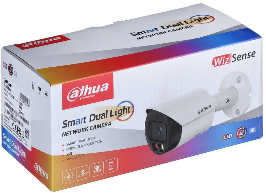 „Dahua Technology Co“ IP kamera, cilindras, 5MP, „STARLIGHT“, 1/2.7 colio, 2.8 mm, 111° F1.6, 25 kadrai per sekundę, IR+LED, 30 m, WDR, IVS, IP67, mikrofonas