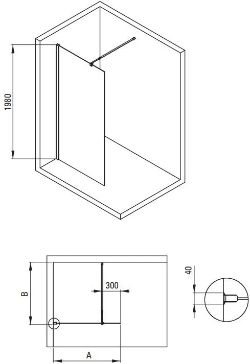 Walk-in dušo sienelė Deante Kerria Plus, 90 cm, Nero