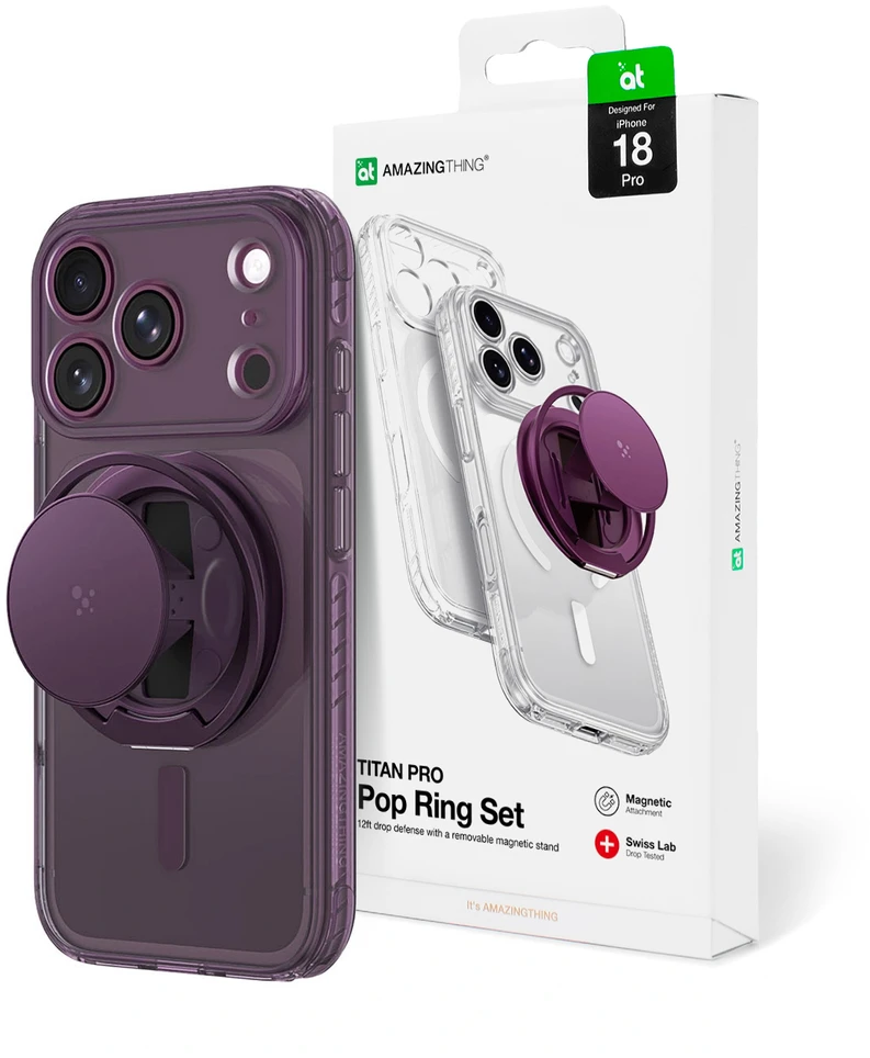 Dėklas AmazingThing Titan Pro Pop Lens Case for iPhone 18 Pro with Camera Cover, Holder and Stand, MagSafe Compatible - Violetinė
