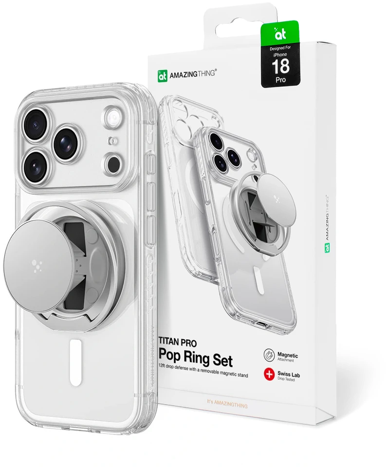 Dėklas AmazingThing Titan Pro Pop Lens Case for iPhone 18 Pro with Camera Cover, Holder and Stand, MagSafe Compatible - Clear
