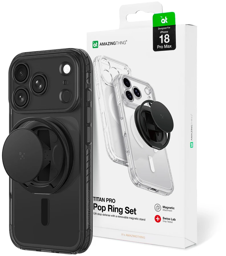 Objektyvas AmazingThing Titan Pro Pop objektyvo dėklas iPhone 18 Pro Max su kameros dangteliu, laikikliu ir stovu, suderinamas su MagSafe – juodas
