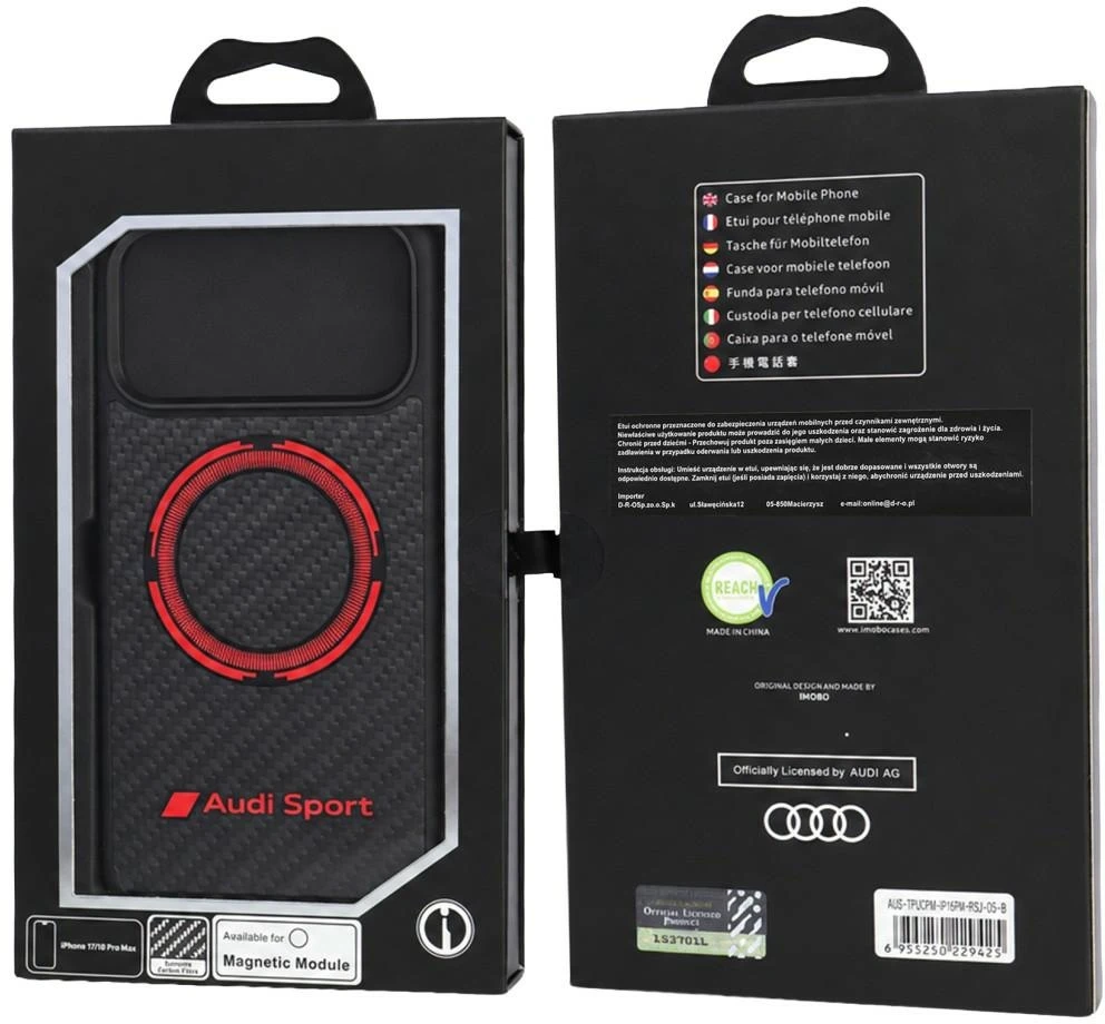 Audi RSQ anglies pluošto sportinis raudonas apskritas MagSafe dėklas iPhone 18 Pro Max / 17 Pro Max - Juodas
