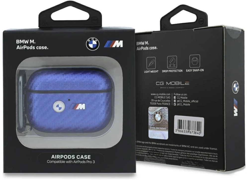 Dėklas BMW M Carbon Metal Logo skirta AirPods Pro 3 jasnomėlynos spalvos