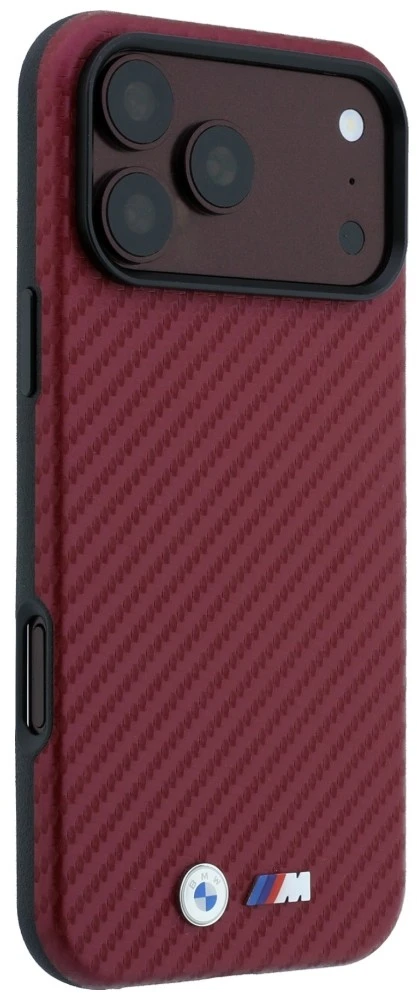 Dėklas BMW M Carbon Metal Logo MagSafe Case for iPhone 17 Pro / 18 Pro - Burgundy