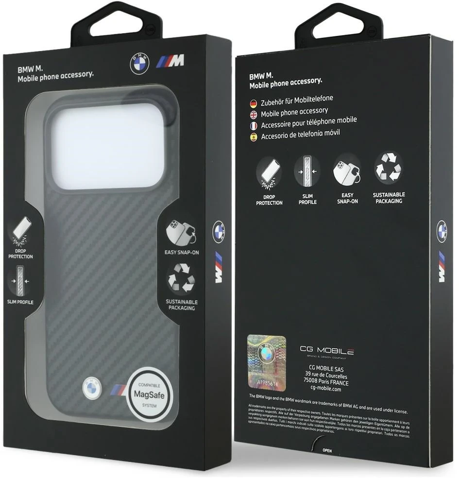 Dėklas BMW M Carbon Metal Logo MagSafe skirtas iPhone 18 Pro juodas