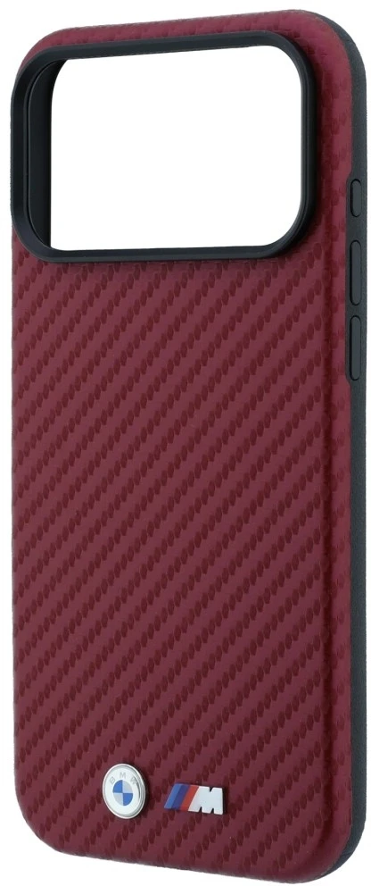 Dėklas BMW M Carbon Metal Logo MagSafe Case for iPhone 17 Pro / 18 Pro - Burgundy