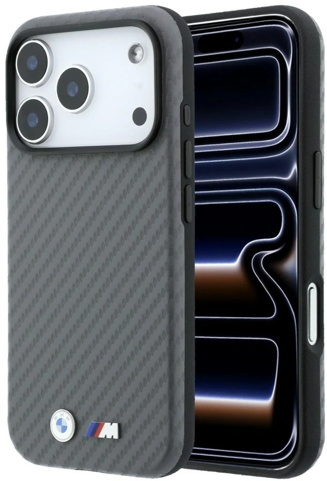 Dėklas BMW M Carbon Metal Logo MagSafe skirtas iPhone 18 Pro Max pilkas