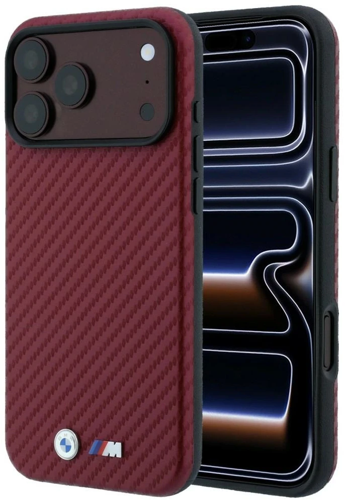 Dėklas BMW M Carbon Metal Logo MagSafe Case for iPhone 17 Pro / 18 Pro - Burgundy