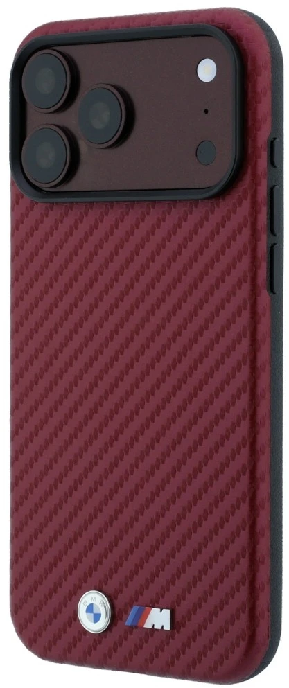Dėklas BMW M Carbon Metal Logo MagSafe Case for iPhone 17 Pro / 18 Pro - Burgundy