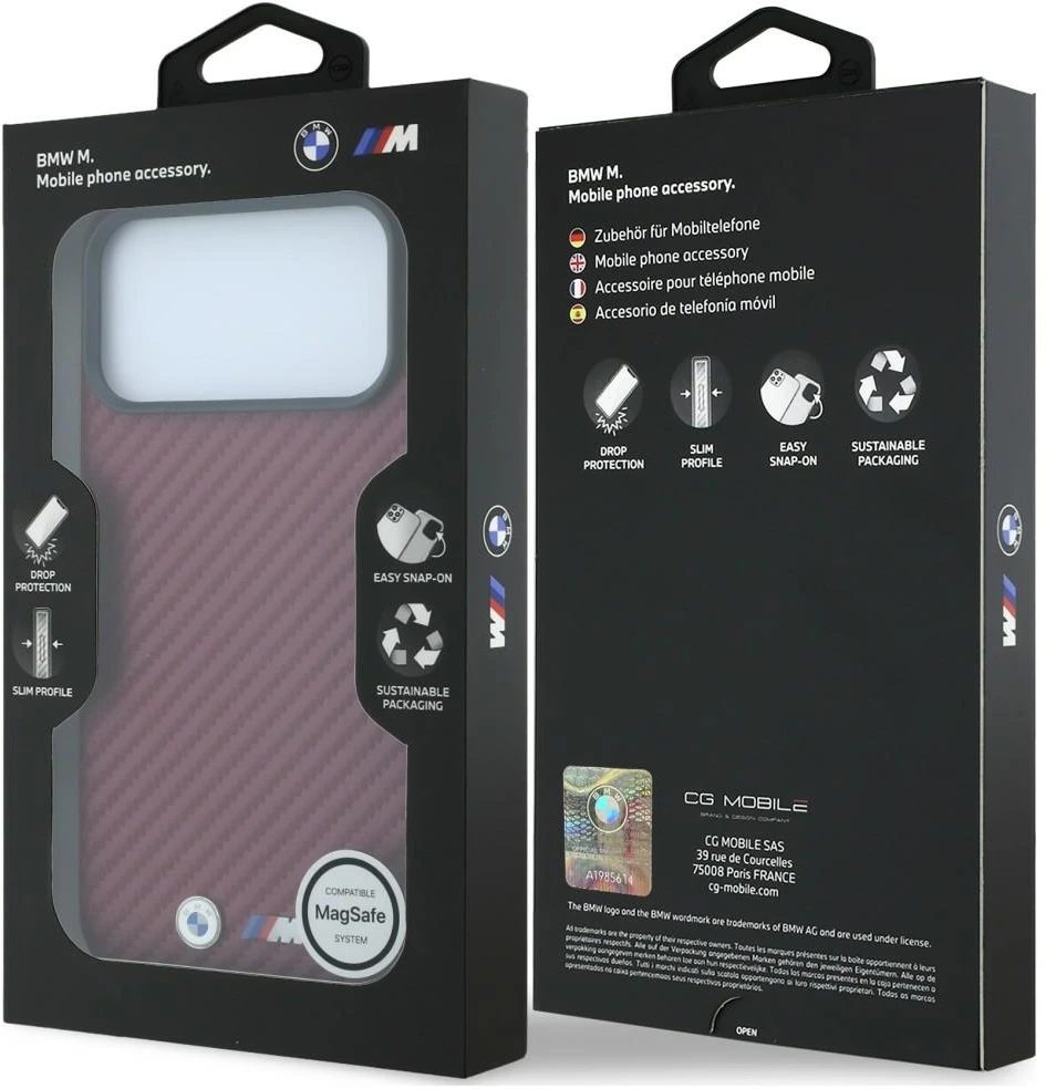 Dėklas BMW M Carbon Metal Logo MagSafe Case for iPhone 17 Pro Max / 18 Pro Max - Burgundy