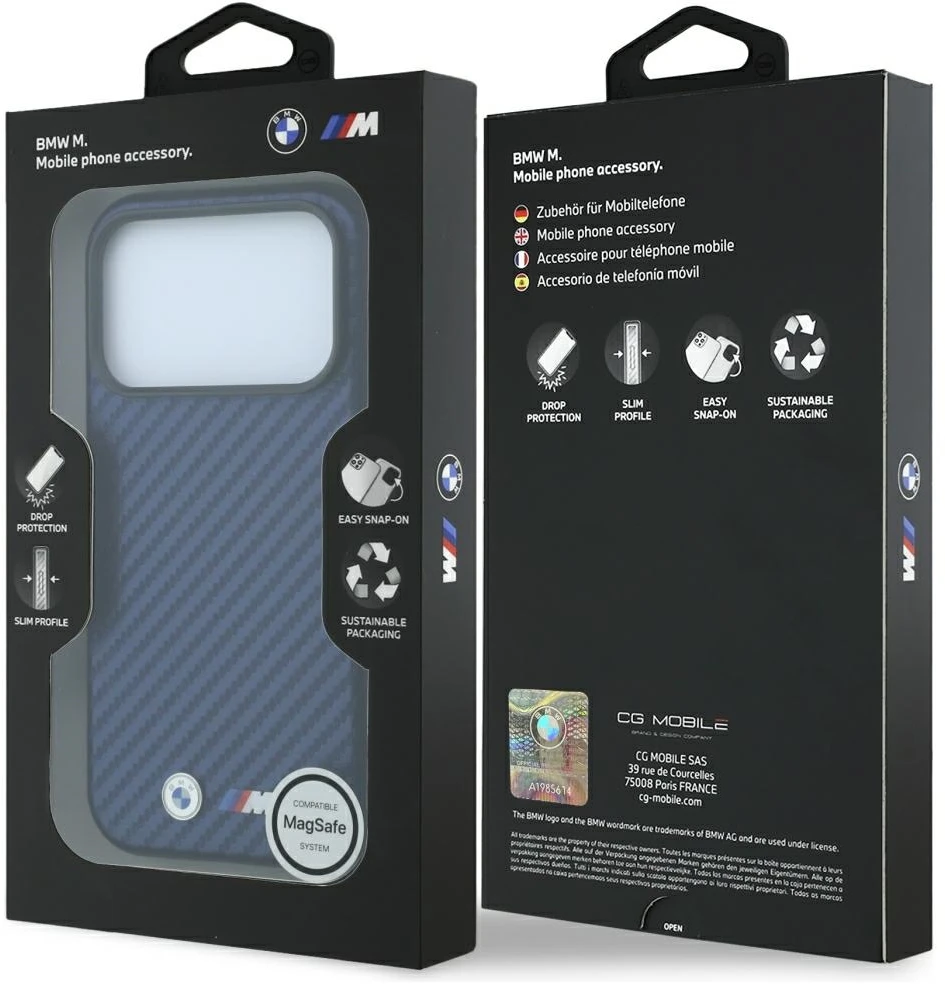 Dėklas BMW M Carbon Metal Logo MagSafe Case, skirtas iPhone 17 Pro Max / 18 Pro Max – Navy mėlyna