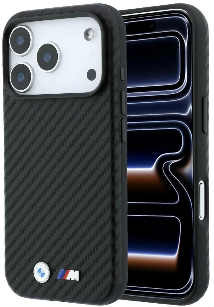 Dėklas BMW M Carbon Metal Logo MagSafe skirtas iPhone 18 Pro juodas