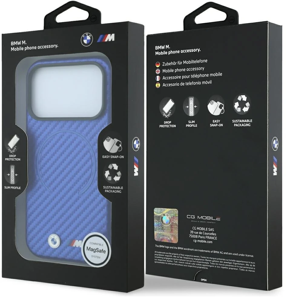 Dėklas BMW M Carbon Printed Ring MagSafe Case, skirta iPhone 17 Pro Max / 18 Pro Max - Mėlyna