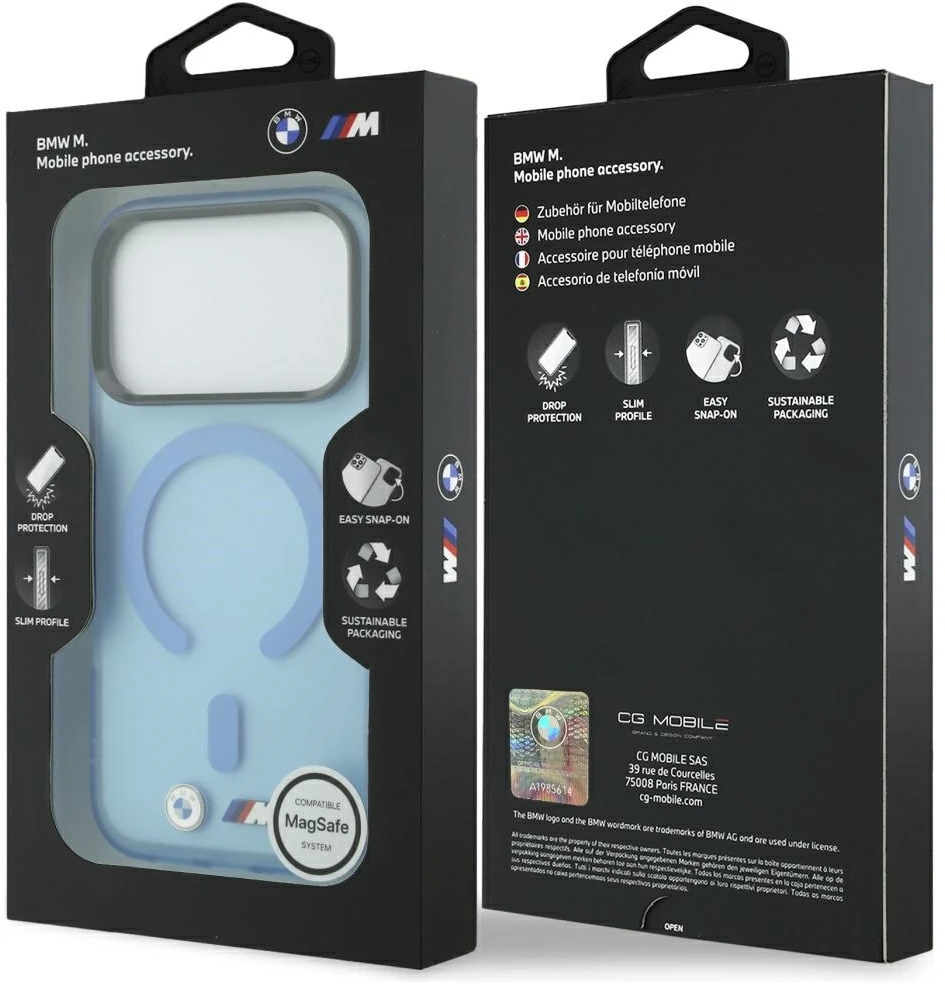 Dėklas BMW M IML Frosted Metal Logo & Trims MagSafe Case, skirtas iPhone 17 Pro / 18 Pro – Mėlyna