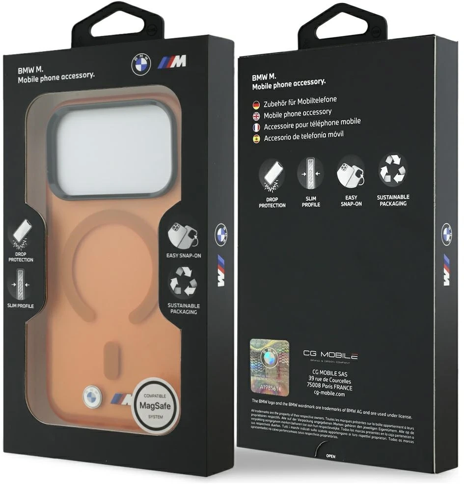 Dėklas BMW M IML Frosted Metal Logo & Trims MagSafe Case, skirtas iPhone 17 Pro / 18 Pro – Oranžinė