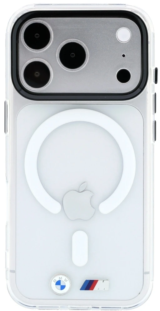 BMW M IML blizgaus metalo logotipas ir apdaila MagSafe dėklas, skirtas iPhone 17 Pro / 18 Pro - permatomas