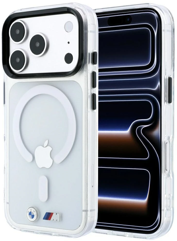 BMW M IML blizgaus metalo logotipas ir apdaila MagSafe dėklas, skirtas iPhone 17 Pro / 18 Pro - permatomas