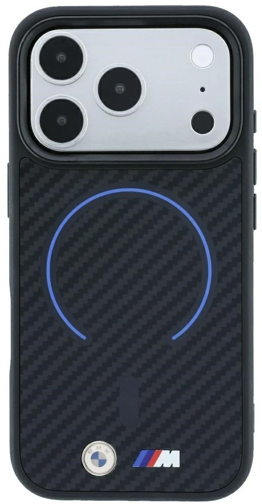 Dėklas BMW M Kevlar Mėlyna Print Ring Metal Logo MagSafe Case for iPhone 18 Pro Max / 17 Pro Max - Juodas