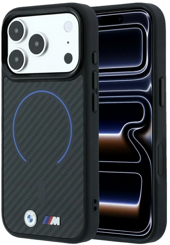 BMW M Kevlar Mėlyna Print Ring Metal Logo MagSafe dėklas iPhone 18 Pro / 17 Pro - Juodas