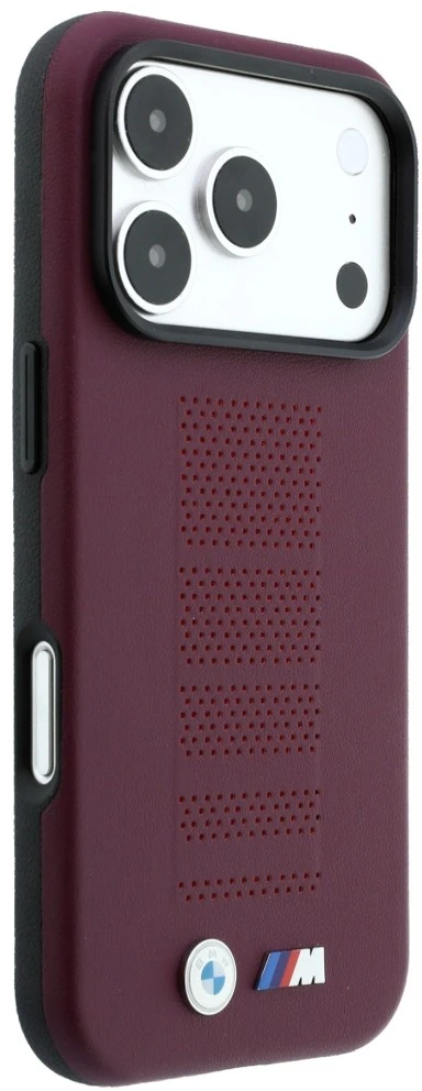 Dėklas BMW M Mėlyna Perfo Metal Logo MagSafe Case for iPhone 18 Pro / 17 Pro - Burgundy