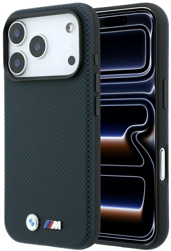 Dėklas BMW M Quadrille Kevlar Metal Logo MagSafe Case, skirtas iPhone 17 Pro / 18 Pro – tamsiai mėlyna