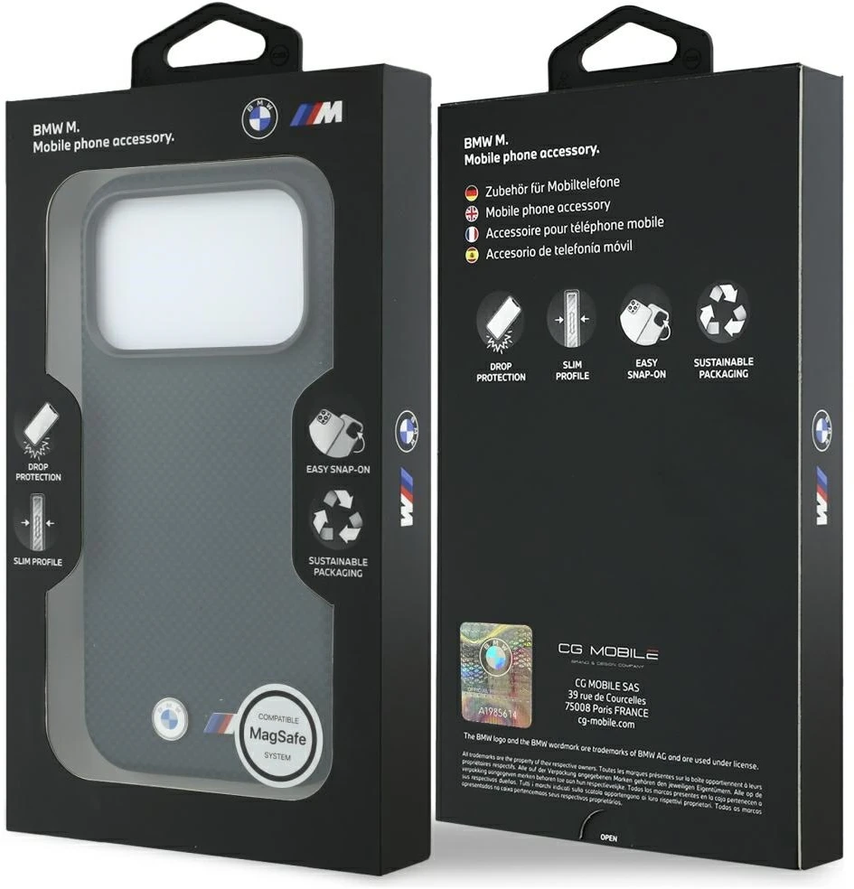 Dėklas BMW M Quadrille Kevlar Metal Logo MagSafe Case, skirtas iPhone 17 Pro / 18 Pro – tamsiai mėlyna