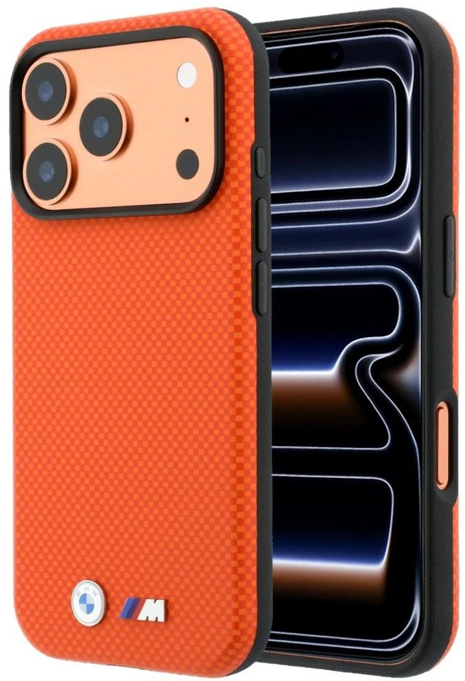 Dėklas BMW M Quadrille Kevlar Metal Logo MagSafe skirtas iPhone 18 Pro Max oranžinis
