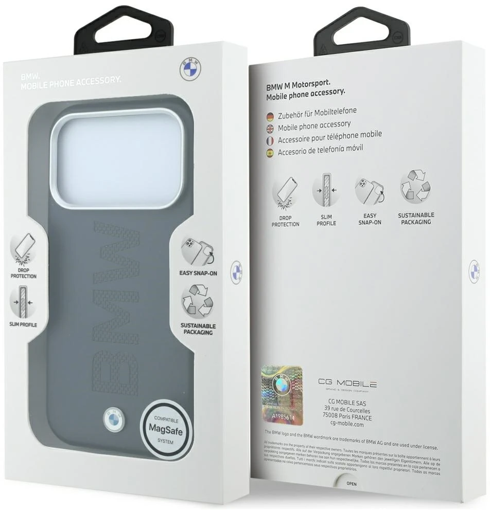 Dėklas BMW Sign Centered Deboss MagSafe Case, skirtas iPhone 17 Pro / 18 Pro – Pilka