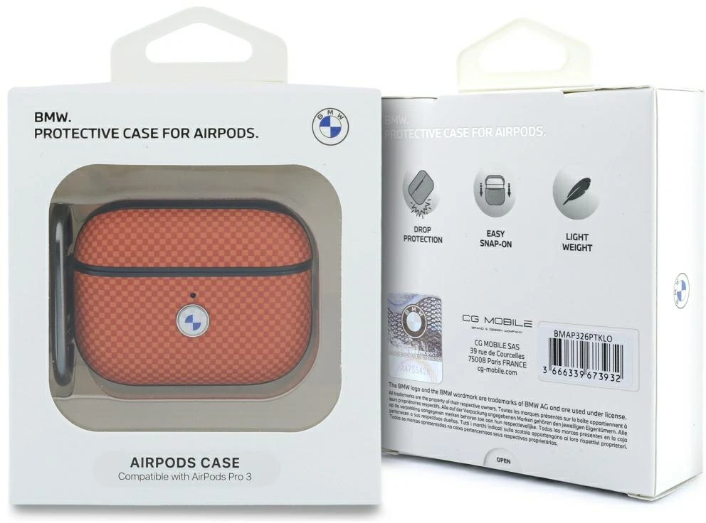 Dėklas BMW Textured Sign Kevlar Metal Logo skirta AirPods Pro 3 oranžinės spalvos