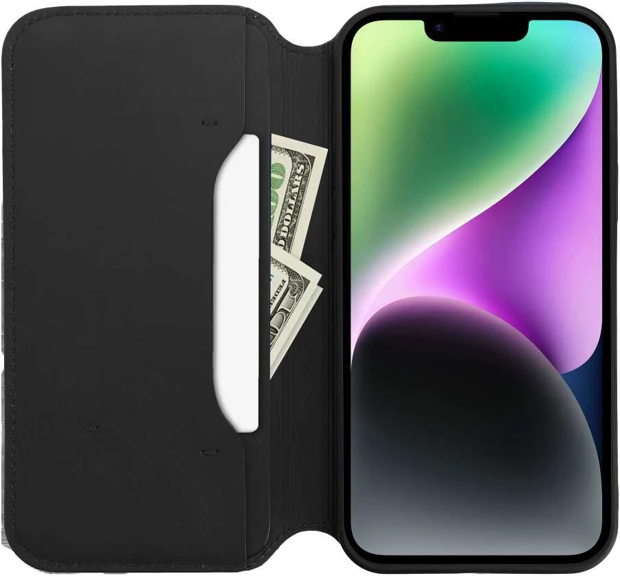 OEM atverčiamas dėklas iPhone 15 PLUS dvigubai kišeniniam knygutės dėklui, juodas