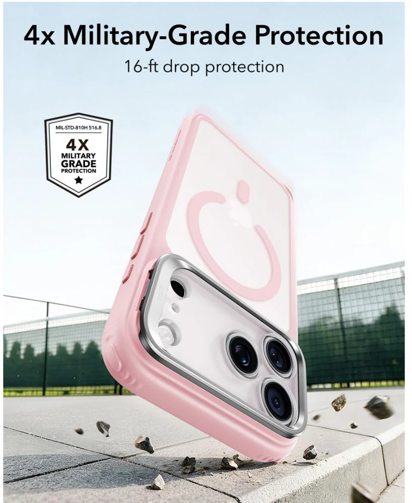 ESR Classic Hybrid su atlenkiama kojelė MagSafe dėklas iPhone 18 Pro / 17 Pro – matinė rožinė