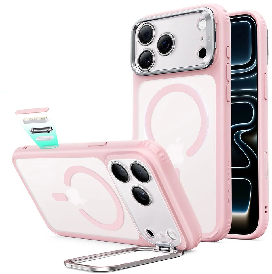 ESR Classic Hybrid su atlenkiama kojelė MagSafe dėklas iPhone 18 Pro / 17 Pro – matinė rožinė