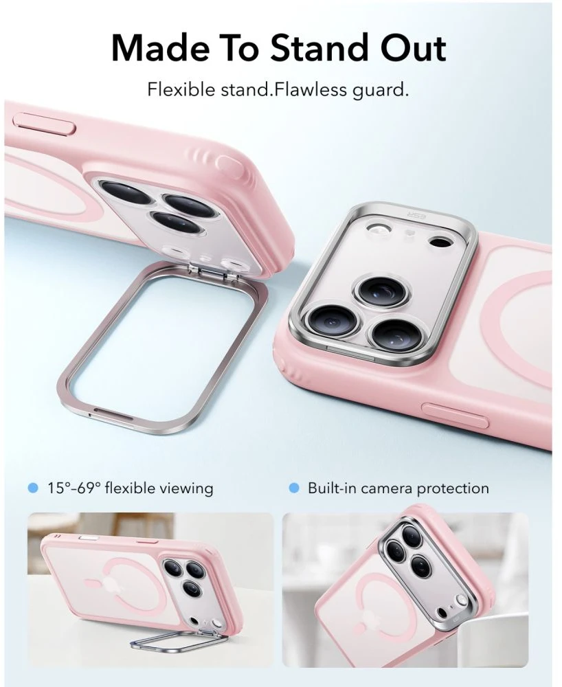 ESR Classic Hybrid su atlenkiama kojelė MagSafe dėklas iPhone 18 Pro / 17 Pro – matinė rožinė