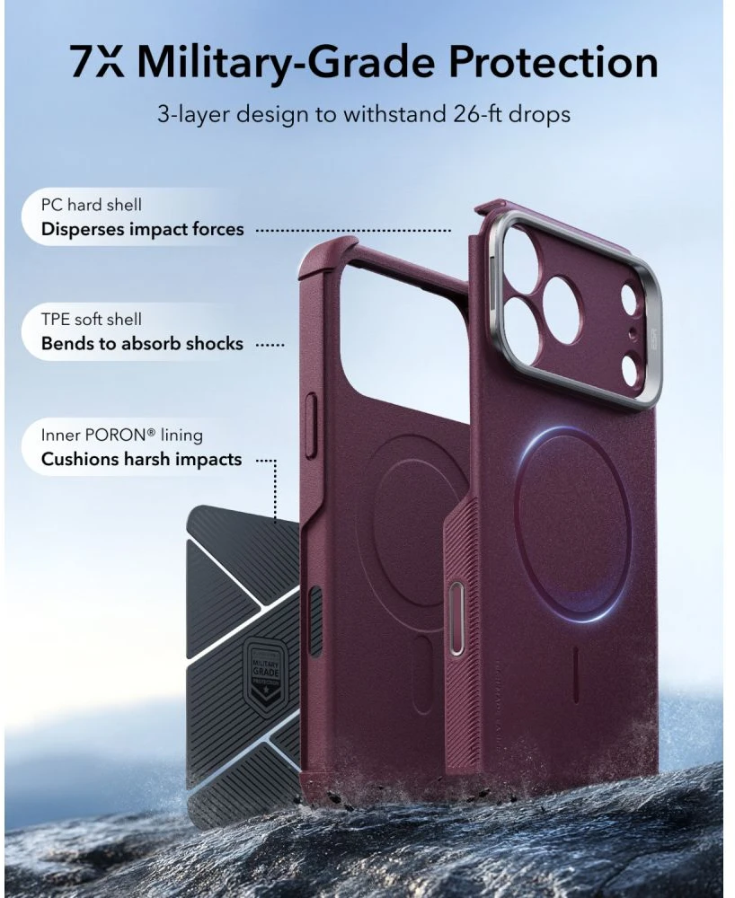 ESR CYBER TOUGH DĖKLAS SU STOVU IR MagSafe iPhone 17 Pro / 18 Pro TAMSIAI BORDO SPALVOS