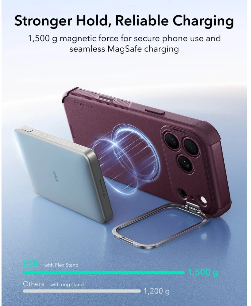 ESR CYBER TOUGH DĖKLAS SU STOVU IR MagSafe iPhone 17 Pro / 18 Pro TAMSIAI BORDO SPALVOS