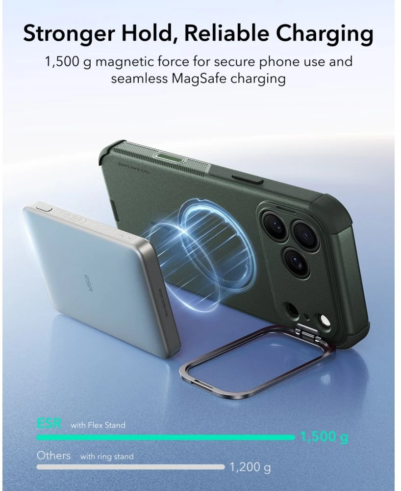 ESR CYBER TOUGH DĖKLAS SU STOVU IR MagSafe iPhone 17 Pro Max / 18 Pro Max ŽALIAS
