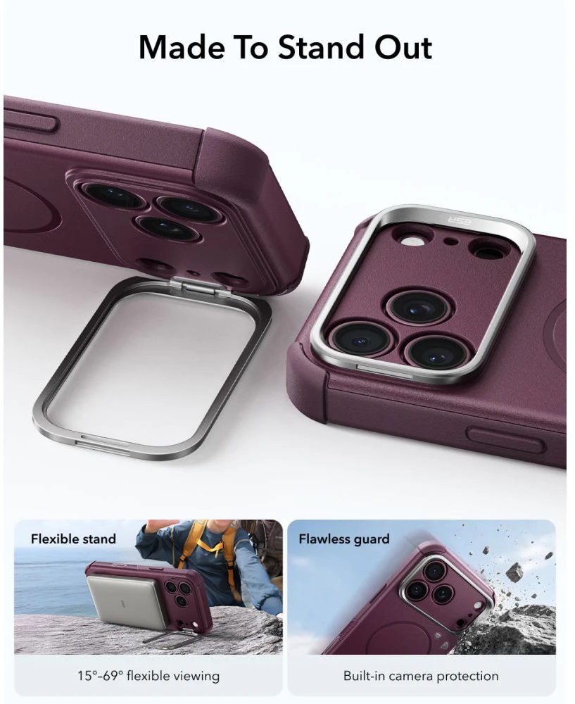 ESR CYBER TOUGH DĖKLAS SU STOVU IR MagSafe iPhone 17 Pro / 18 Pro TAMSIAI BORDO SPALVOS