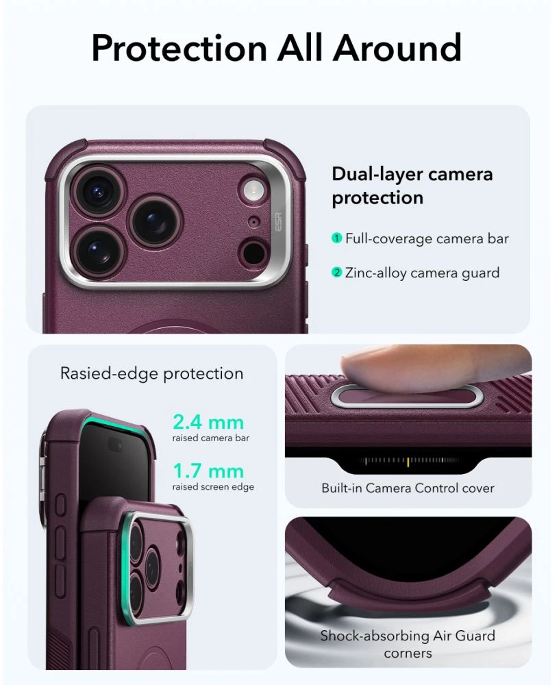 ESR CYBER TOUGH DĖKLAS SU STOVU IR MagSafe iPhone 17 Pro / 18 Pro TAMSIAI BORDO SPALVOS