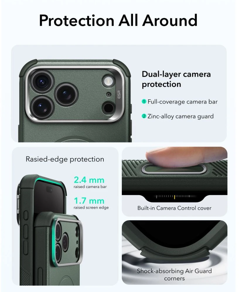 ESR CYBER TOUGH DĖKLAS SU STOVU IR MagSafe iPhone 17 Pro Max / 18 Pro Max ŽALIAS