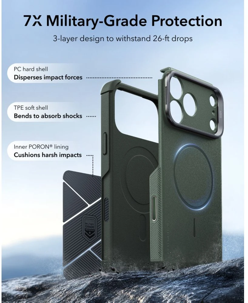 ESR CYBER TOUGH DĖKLAS SU STOVU IR MagSafe iPhone 17 Pro Max / 18 Pro Max ŽALIAS