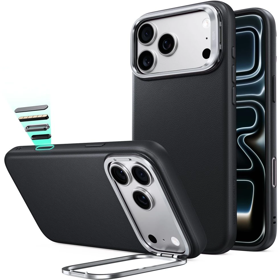 Dėklas ESR Leather Kickstand MagSafe Case for iPhone 18 Pro Max / 17 Pro Max - Juodas