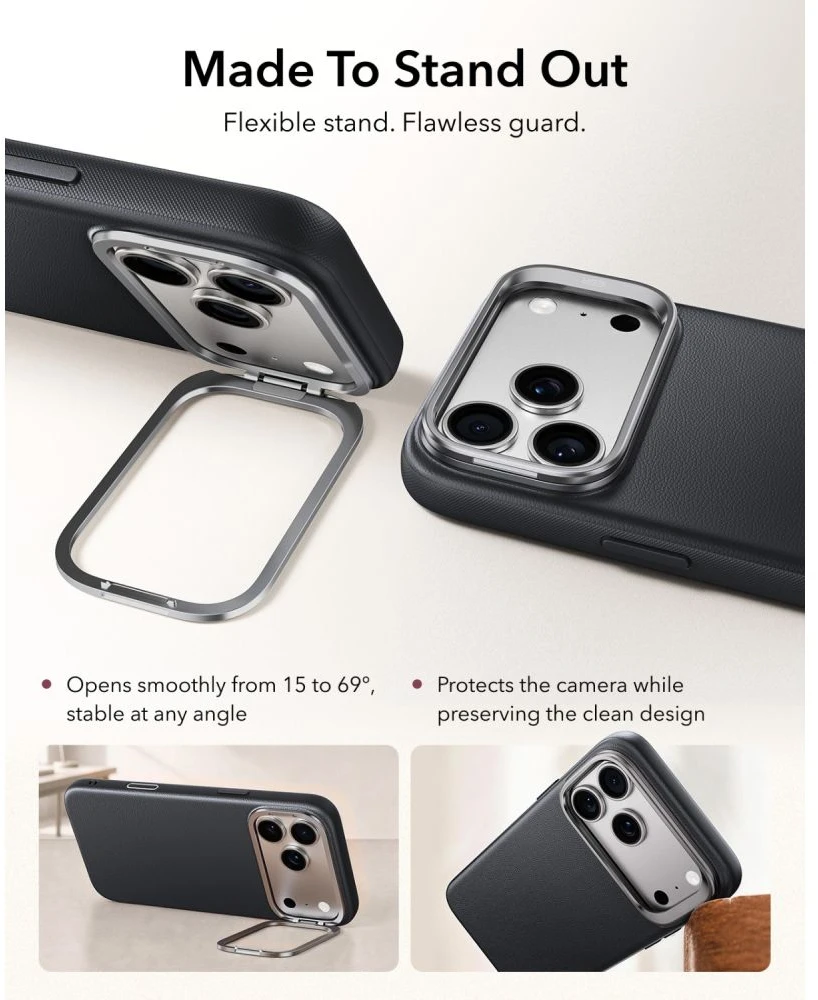 Dėklas ESR Leather Kickstand MagSafe Case for iPhone 18 Pro Max / 17 Pro Max - Juodas
