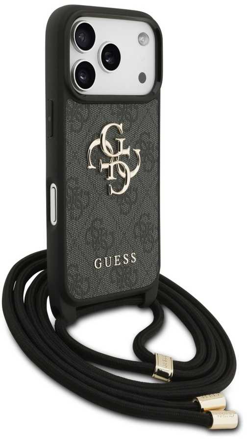 Dėklas Guess 4G Big Logo Cord Stap Crossbody skirtas Apple iPhone 17 Pro juodos spalvos
