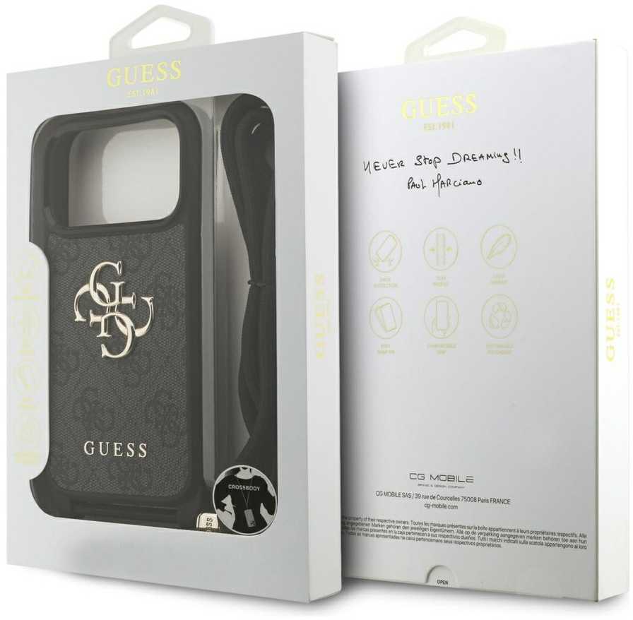 Dėklas Guess 4G Big Logo Cord Stap Crossbody skirtas Apple iPhone 17 Pro juodos spalvos