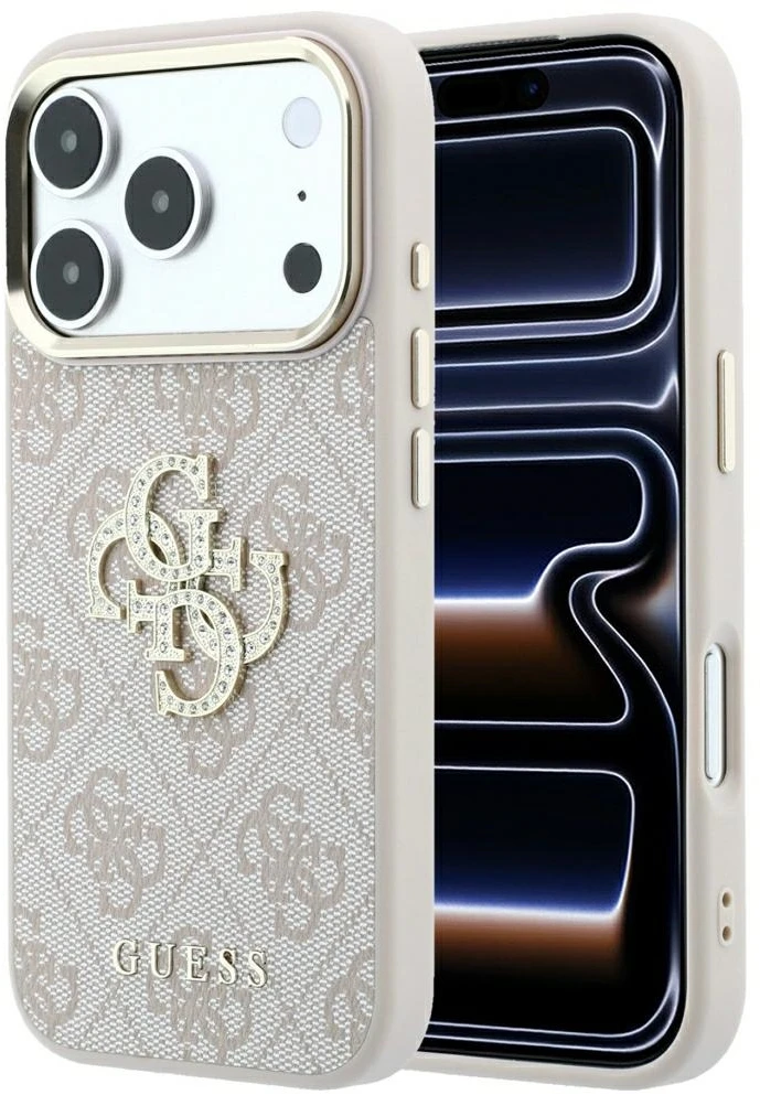 Guess PU 4G Strass Metal Logo dėklas skirtas iPhone 18 Pro Max rožinės spalvos