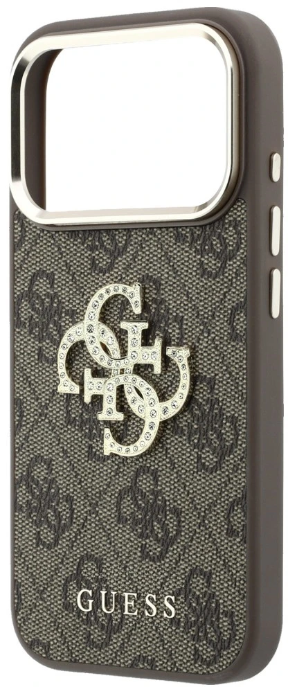 Guess PU 4G Strass Metal Logo dėklas skirtas iPhone 18 Pro rudos spalvos