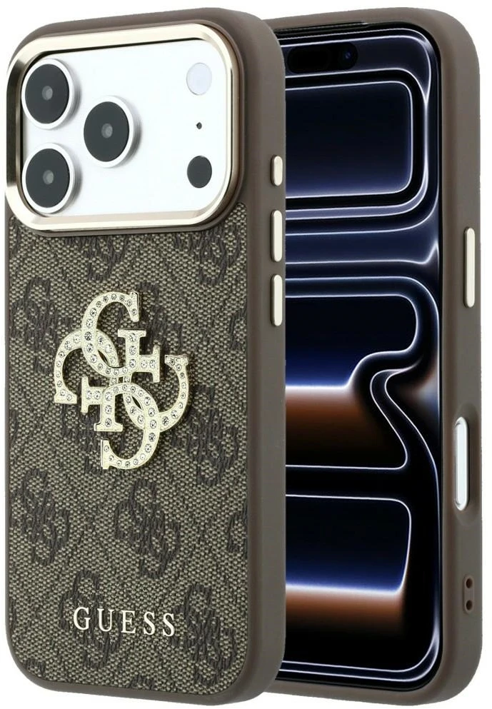 Guess PU 4G Strass Metal Logo dėklas skirtas iPhone 18 Pro rudos spalvos