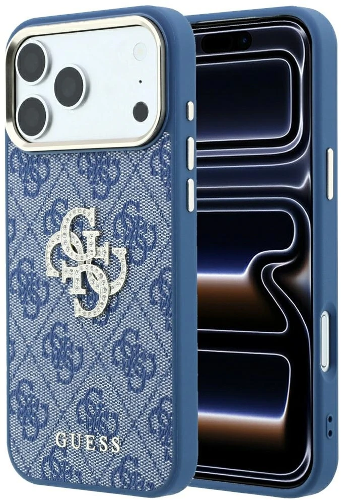 Guess 4G & Big Strass Logo dėklas, skirtas iPhone 18 Pro / 17 Pro – Mėlyna